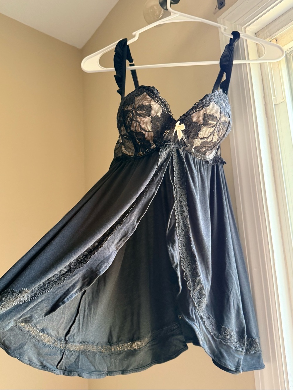 Victoria's Secret Black Lace Babydoll Chemise with Bow Accent